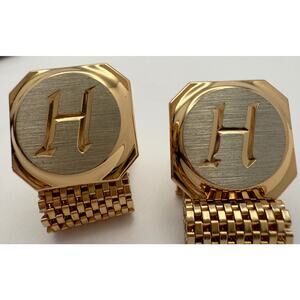 Vintage 1970s Wraparound Mesh Cufflinks Gold & Silver Tone Initial H